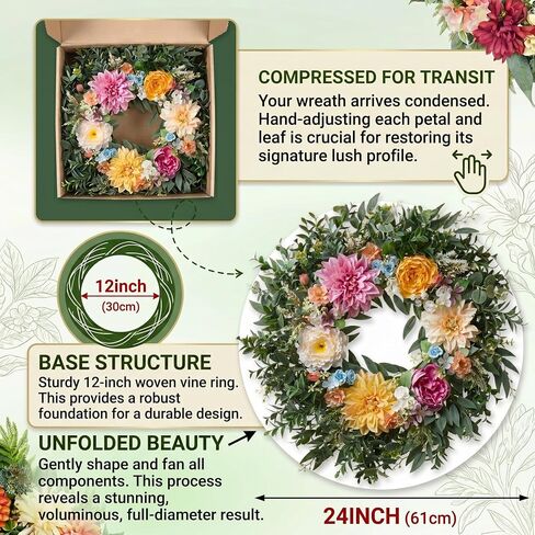 Somikis 24 Inch Front Door Wreath, Large Artificial Flowers Wreath with Silk Peony Dahlia Eucalyptus, Realistic Greenery Welcome Floral Wreath Decor All Year Round for Inside Outside Wall Entryway in Kuwait