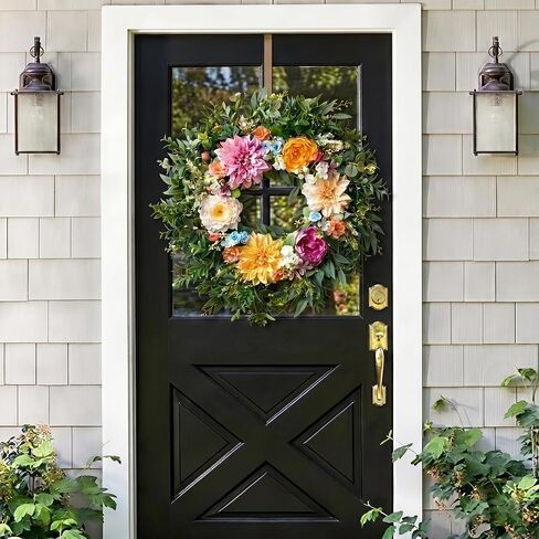 Somikis 24 Inch Front Door Wreath, Large Artificial Flowers Wreath with Silk Peony Dahlia Eucalyptus, Realistic Greenery Welcome Floral Wreath Decor All Year Round for Inside Outside Wall Entryway in Kuwait