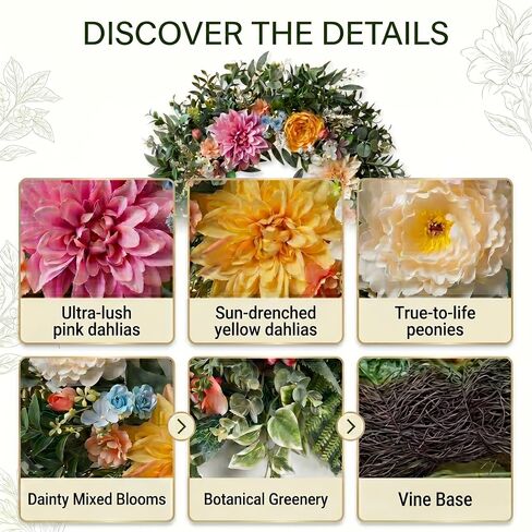 Somikis 24 Inch Front Door Wreath, Large Artificial Flowers Wreath with Silk Peony Dahlia Eucalyptus, Realistic Greenery Welcome Floral Wreath Decor All Year Round for Inside Outside Wall Entryway in Kuwait