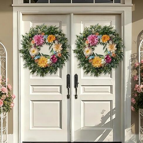 Somikis 24 Inch Front Door Wreath, Large Artificial Flowers Wreath with Silk Peony Dahlia Eucalyptus, Realistic Greenery Welcome Floral Wreath Decor All Year Round for Inside Outside Wall Entryway in Kuwait