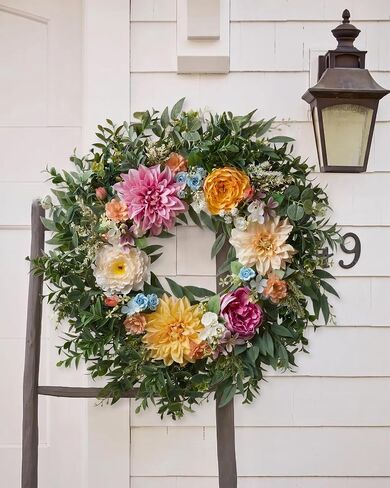 Somikis 24 Inch Front Door Wreath, Large Artificial Flowers Wreath with Silk Peony Dahlia Eucalyptus, Realistic Greenery Welcome Floral Wreath Decor All Year Round for Inside Outside Wall Entryway in Kuwait
