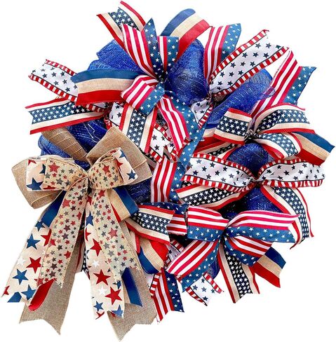 250th Anniversary Patriotic Wreaths for Front Door, 24 Inch Large Full Layered & Pre-Lit Design 4th of July Decorations with Burlap Bow, Red White and Blue Ribbon Wreath for Memorial Day in Saudi Arabia
