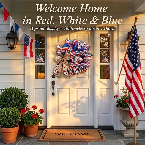 250th Anniversary Patriotic Wreaths for Front Door, 24 Inch Large Full Layered & Pre-Lit Design 4th of July Decorations with Burlap Bow, Red White and Blue Ribbon Wreath for Memorial Day in Saudi Arabia