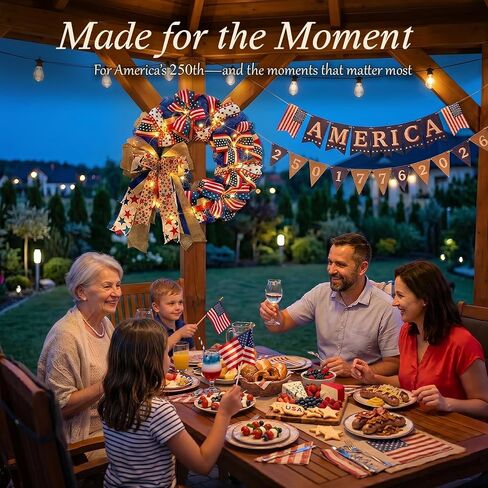 250th Anniversary Patriotic Wreaths for Front Door, 24 Inch Large Full Layered & Pre-Lit Design 4th of July Decorations with Burlap Bow, Red White and Blue Ribbon Wreath for Memorial Day in Saudi Arabia