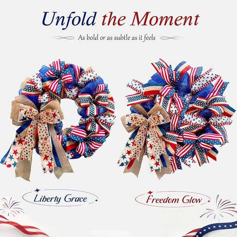 250th Anniversary Patriotic Wreaths for Front Door, 24 Inch Large Full Layered & Pre-Lit Design 4th of July Decorations with Burlap Bow, Red White and Blue Ribbon Wreath for Memorial Day in Saudi Arabia
