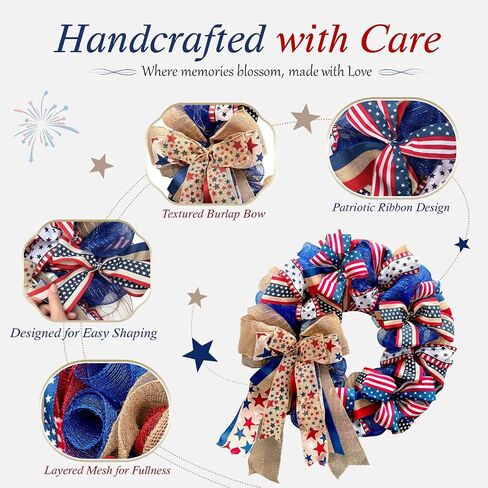 250th Anniversary Patriotic Wreaths for Front Door, 24 Inch Large Full Layered & Pre-Lit Design 4th of July Decorations with Burlap Bow, Red White and Blue Ribbon Wreath for Memorial Day in Saudi Arabia