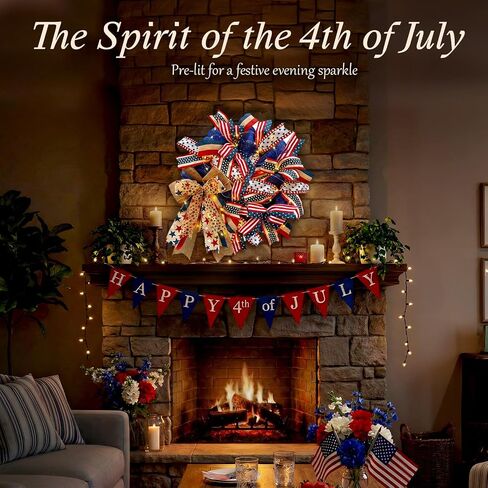 250th Anniversary Patriotic Wreaths for Front Door, 24 Inch Large Full Layered & Pre-Lit Design 4th of July Decorations with Burlap Bow, Red White and Blue Ribbon Wreath for Memorial Day in Saudi Arabia