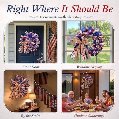 250th Anniversary Patriotic Wreaths for Front Door, 24 Inch Large Full Layered & Pre-Lit Design 4th of July Decorations with Burlap Bow, Red White and Blue Ribbon Wreath for Memorial Day in Saudi Arabia