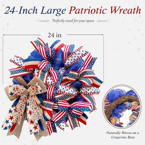 250th Anniversary Patriotic Wreaths for Front Door, 24 Inch Large Full Layered & Pre-Lit Design 4th of July Decorations with Burlap Bow, Red White and Blue Ribbon Wreath for Memorial Day in Saudi Arabia