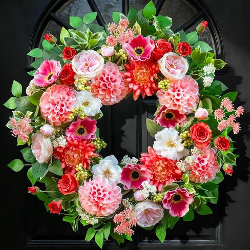 Spring Wreaths for Front Door Outside 24 Inch Spring Door Wreath with Artificial Dahlia,Chrysanthemum,Rose and Anemone Floral Wreath with Greenery,Colorful Summer Wreaths for Front Door (Turquoise) in Saudi Arabia