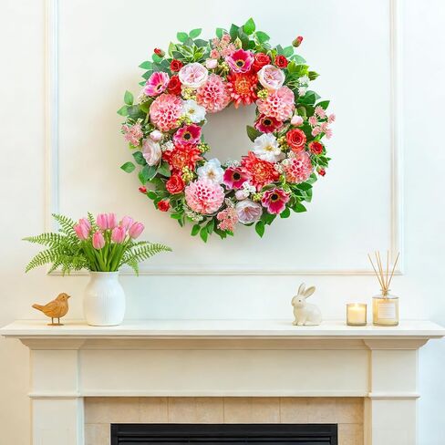 Spring Wreaths for Front Door Outside 24 Inch Spring Door Wreath with Artificial Dahlia,Chrysanthemum,Rose and Anemone Floral Wreath with Greenery,Colorful Summer Wreaths for Front Door (Turquoise) in Saudi Arabia