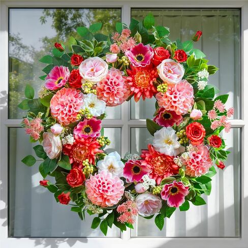 Spring Wreaths for Front Door Outside 24 Inch Spring Door Wreath with Artificial Dahlia,Chrysanthemum,Rose and Anemone Floral Wreath with Greenery,Colorful Summer Wreaths for Front Door (Turquoise) in Saudi Arabia