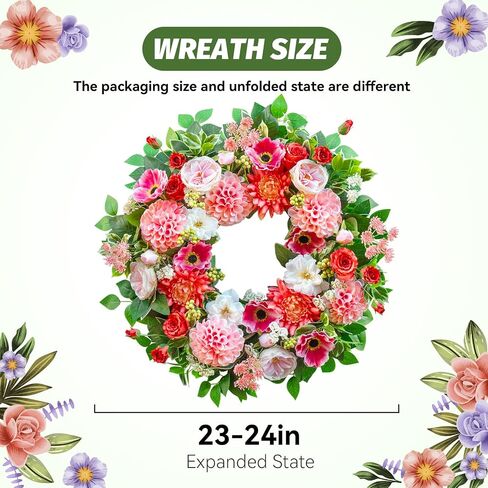 Spring Wreaths for Front Door Outside 24 Inch Spring Door Wreath with Artificial Dahlia,Chrysanthemum,Rose and Anemone Floral Wreath with Greenery,Colorful Summer Wreaths for Front Door (Turquoise) in Saudi Arabia