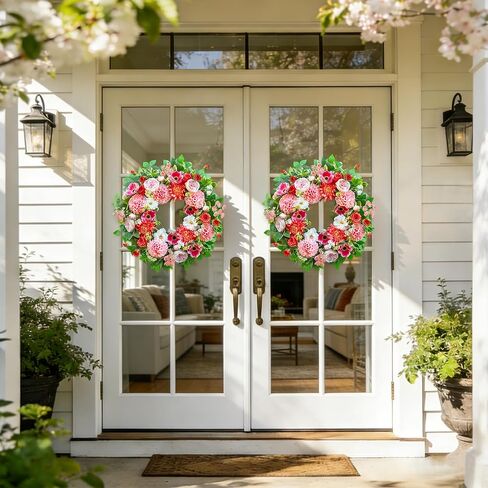 Spring Wreaths for Front Door Outside 24 Inch Spring Door Wreath with Artificial Dahlia,Chrysanthemum,Rose and Anemone Floral Wreath with Greenery,Colorful Summer Wreaths for Front Door (Turquoise) in Saudi Arabia