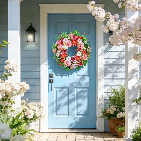 Spring Wreaths for Front Door Outside 24 Inch Spring Door Wreath with Artificial Dahlia,Chrysanthemum,Rose and Anemone Floral Wreath with Greenery,Colorful Summer Wreaths for Front Door (Turquoise) in Saudi Arabia