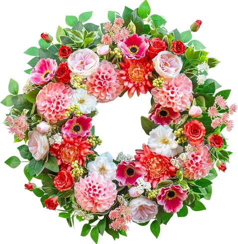 Spring Wreaths for Front Door Outside 24 Inch Spring Door Wreath with Artificial Dahlia,Chrysanthemum,Rose and Anemone Floral Wreath with Greenery,Colorful Summer Wreaths for Front Door (Turquoise) in Saudi Arabia