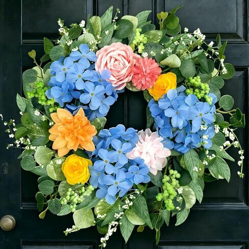 Spring Wreaths for Front Door 24 Inch, Spring Summer Front Door Wreath with Hydrangea & Eucalyptus, Artificial Floral Wreath for Porch Garden Patio Wall Window Indoor Outdoor Home Decor in Saudi Arabia