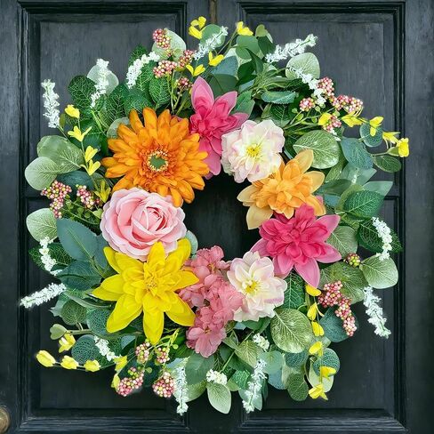 Spring Wreaths for Front Door 24 Inch, Spring Summer Front Door Wreath with Hydrangea & Eucalyptus, Artificial Floral Wreath for Porch Garden Patio Wall Window Indoor Outdoor Home Decor in Saudi Arabia
