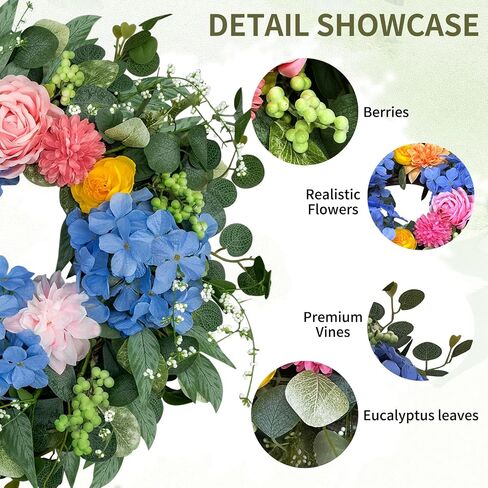 Spring Wreaths for Front Door 24 Inch, Spring Summer Front Door Wreath with Hydrangea & Eucalyptus, Artificial Floral Wreath for Porch Garden Patio Wall Window Indoor Outdoor Home Decor in Saudi Arabia