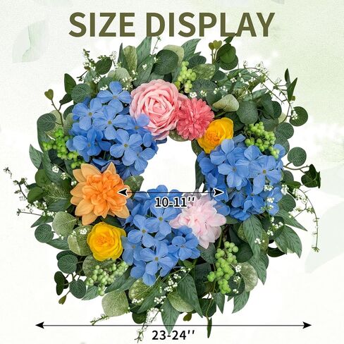 Spring Wreaths for Front Door 24 Inch, Spring Summer Front Door Wreath with Hydrangea & Eucalyptus, Artificial Floral Wreath for Porch Garden Patio Wall Window Indoor Outdoor Home Decor in Saudi Arabia