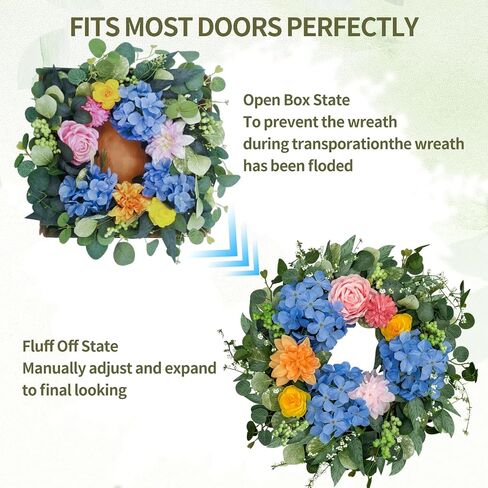 Spring Wreaths for Front Door 24 Inch, Spring Summer Front Door Wreath with Hydrangea & Eucalyptus, Artificial Floral Wreath for Porch Garden Patio Wall Window Indoor Outdoor Home Decor in Saudi Arabia