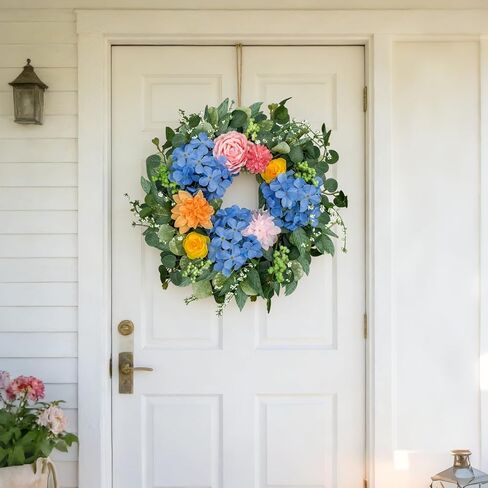 Spring Wreaths for Front Door 24 Inch, Spring Summer Front Door Wreath with Hydrangea & Eucalyptus, Artificial Floral Wreath for Porch Garden Patio Wall Window Indoor Outdoor Home Decor in Saudi Arabia