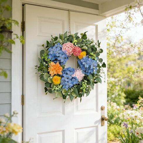 Spring Wreaths for Front Door 24 Inch, Spring Summer Front Door Wreath with Hydrangea & Eucalyptus, Artificial Floral Wreath for Porch Garden Patio Wall Window Indoor Outdoor Home Decor in Saudi Arabia