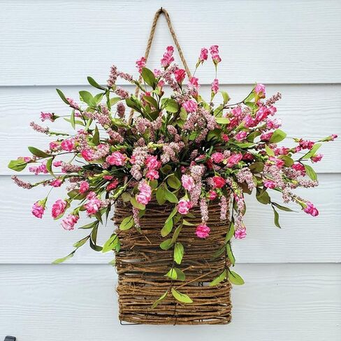 Cream Hydrangea Door Hanger Basket Wreath - Farmhouse Spring Wreath with Wildflowers, Mother's Day Decor, Artificial Rattan Hanging Basket for Porch, Wall, Home Decor in Saudi Arabia