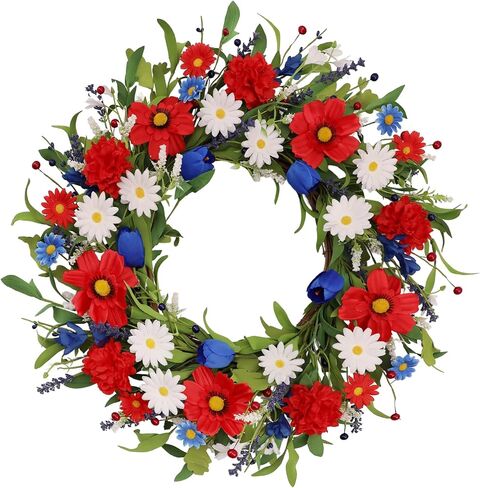 4th of July Patriotic Wreath for Front Door, 24 Inch Red White Blue Mixed Flower Wreath with Daisy Tulip and Eucalyptus, Independence Day Farmhouse Decor for Indoor Outdoor in Kuwait