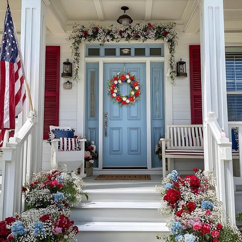 4th of July Patriotic Wreath for Front Door, 24 Inch Red White Blue Mixed Flower Wreath with Daisy Tulip and Eucalyptus, Independence Day Farmhouse Decor for Indoor Outdoor in Kuwait