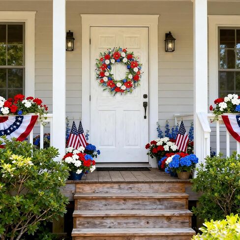 4th of July Patriotic Wreath for Front Door, 24 Inch Red White Blue Mixed Flower Wreath with Daisy Tulip and Eucalyptus, Independence Day Farmhouse Decor for Indoor Outdoor in Kuwait