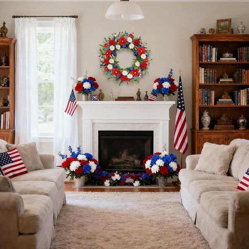 4th of July Patriotic Wreath for Front Door, 24 Inch Red White Blue Mixed Flower Wreath with Daisy Tulip and Eucalyptus, Independence Day Farmhouse Decor for Indoor Outdoor in Kuwait