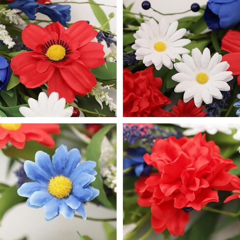 4th of July Patriotic Wreath for Front Door, 24 Inch Red White Blue Mixed Flower Wreath with Daisy Tulip and Eucalyptus, Independence Day Farmhouse Decor for Indoor Outdoor in Kuwait