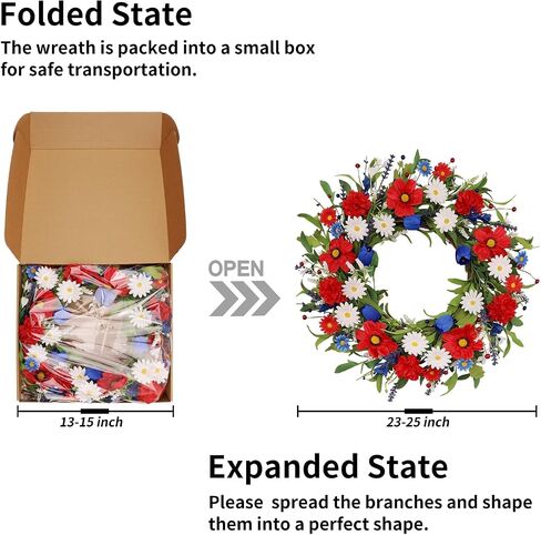 4th of July Patriotic Wreath for Front Door, 24 Inch Red White Blue Mixed Flower Wreath with Daisy Tulip and Eucalyptus, Independence Day Farmhouse Decor for Indoor Outdoor in Kuwait
