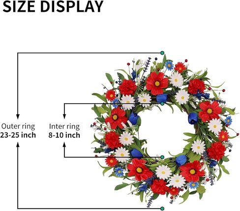 4th of July Patriotic Wreath for Front Door, 24 Inch Red White Blue Mixed Flower Wreath with Daisy Tulip and Eucalyptus, Independence Day Farmhouse Decor for Indoor Outdoor in Kuwait
