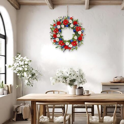 4th of July Patriotic Wreath for Front Door, 24 Inch Red White Blue Mixed Flower Wreath with Daisy Tulip and Eucalyptus, Independence Day Farmhouse Decor for Indoor Outdoor in Kuwait