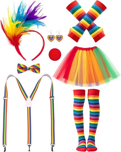 Rainbow Clown Costume Set for Women，Circus Outfit with Tutu Skirt, Socks, Gloves Accessories for Halloween Carnival Cosplay in Saudi Arabia