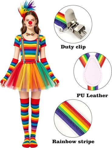 Rainbow Clown Costume Set for Women，Circus Outfit with Tutu Skirt, Socks, Gloves Accessories for Halloween Carnival Cosplay in Saudi Arabia