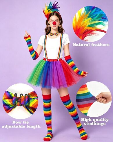Rainbow Clown Costume Set for Women，Circus Outfit with Tutu Skirt, Socks, Gloves Accessories for Halloween Carnival Cosplay in Saudi Arabia