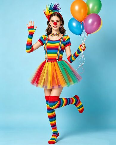 Rainbow Clown Costume Set for Women，Circus Outfit with Tutu Skirt, Socks, Gloves Accessories for Halloween Carnival Cosplay in Saudi Arabia