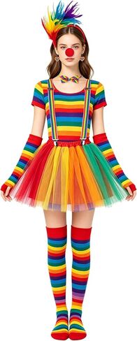 Rainbow Clown Costume Set for Women，Circus Outfit with Tutu Skirt, Socks, Gloves Accessories for Halloween Carnival Cosplay in Saudi Arabia