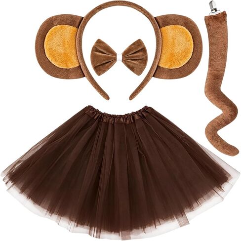 4 PCS Monkey Costume Set, Plush Monkey Ears Headband, Bow Tie, Adjustable Tail, Tutu Skirt with Liner for Halloween Animal Theme Parties Cosplay for Women Dress Up in Kuwait