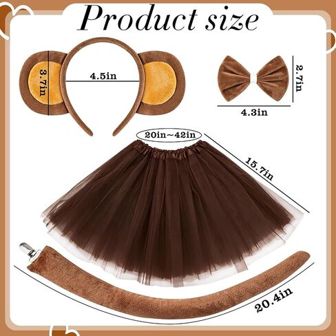 4 PCS Monkey Costume Set, Plush Monkey Ears Headband, Bow Tie, Adjustable Tail, Tutu Skirt with Liner for Halloween Animal Theme Parties Cosplay for Women Dress Up in Kuwait