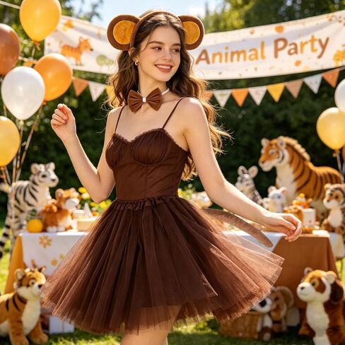 4 PCS Monkey Costume Set, Plush Monkey Ears Headband, Bow Tie, Adjustable Tail, Tutu Skirt with Liner for Halloween Animal Theme Parties Cosplay for Women Dress Up in Kuwait