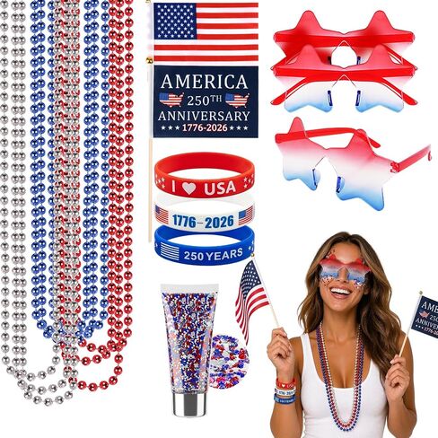 4th of July Accessories for Women - 18Pcs Red White and Blue Outfits with Face Body Glitter Gel,Beaded Necklace,Star Sunglasses,Rubber Bracelets for USA Patriotic 250 Anniversary Independence Day in Saudi Arabia