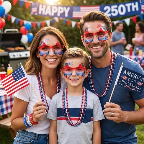 4th of July Accessories for Women - 18Pcs Red White and Blue Outfits with Face Body Glitter Gel,Beaded Necklace,Star Sunglasses,Rubber Bracelets for USA Patriotic 250 Anniversary Independence Day in Saudi Arabia