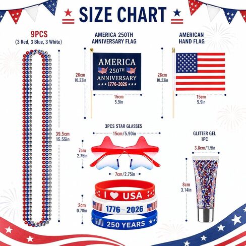 4th of July Accessories for Women - 18Pcs Red White and Blue Outfits with Face Body Glitter Gel,Beaded Necklace,Star Sunglasses,Rubber Bracelets for USA Patriotic 250 Anniversary Independence Day in Saudi Arabia