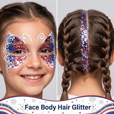 4th of July Accessories for Women - 18Pcs Red White and Blue Outfits with Face Body Glitter Gel,Beaded Necklace,Star Sunglasses,Rubber Bracelets for USA Patriotic 250 Anniversary Independence Day in Saudi Arabia