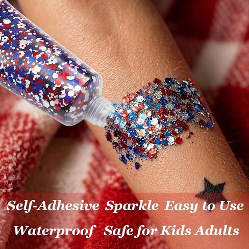 4th of July Accessories for Women - 18Pcs Red White and Blue Outfits with Face Body Glitter Gel,Beaded Necklace,Star Sunglasses,Rubber Bracelets for USA Patriotic 250 Anniversary Independence Day in Saudi Arabia