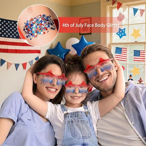 4th of July Accessories for Women - 18Pcs Red White and Blue Outfits with Face Body Glitter Gel,Beaded Necklace,Star Sunglasses,Rubber Bracelets for USA Patriotic 250 Anniversary Independence Day in Saudi Arabia